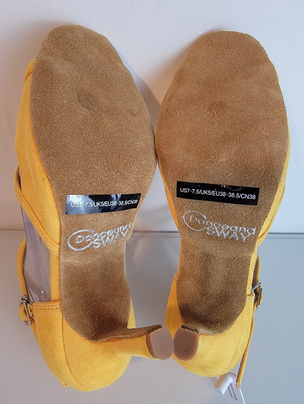 Suede Salsa Latin Dance Shoes Yellow, Strappy, 3.25" Heel, Dance and Sway 7-7.5 - Picture 9 of 12